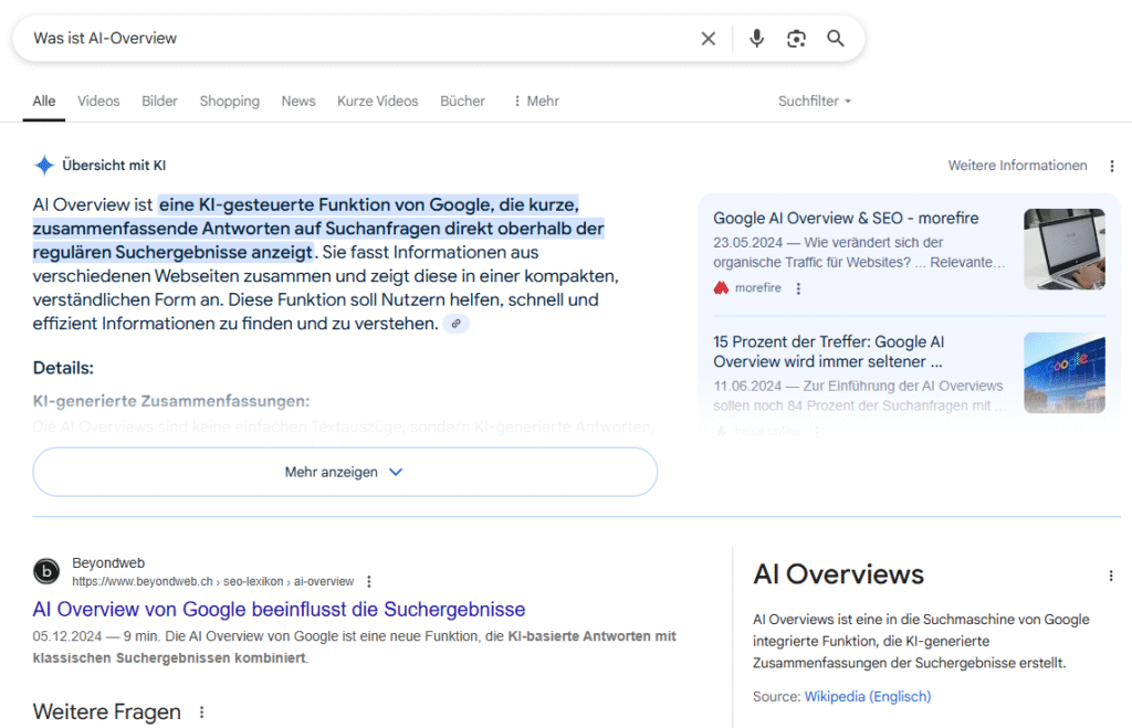 Abbildung von AIO Suche von Google